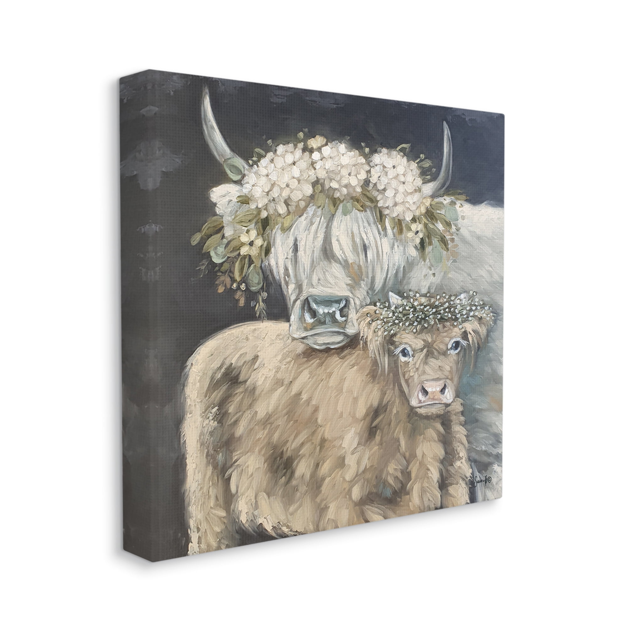 Stupell Highland Cattle Hydrangea Flower Garlands Animals & Insects Painting Gallery Wrapped Canvas Print Wall Art