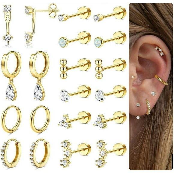 Hypoallergenic Flat Back Earrings Gold Cartilage Earring Sets for Multiple Piercing 20G Surgical Stainless Steel Earrings for Women Trendy Earring Stacks Small Hoop Flatback Stud Earrings