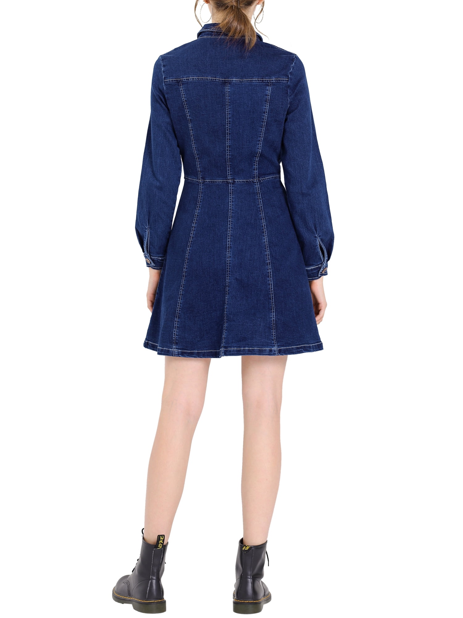 DARING DIVA Button Down Collar V-Neck Roll Up Sleeves Denim Shirt Dress XS Deep Blue