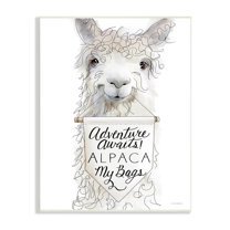 Stupell Industries Adventure Awaits Alpaca Phrase Sign Motivational Animal Wood Wall Art, 10 x 15, Design by Kamdon Kreations