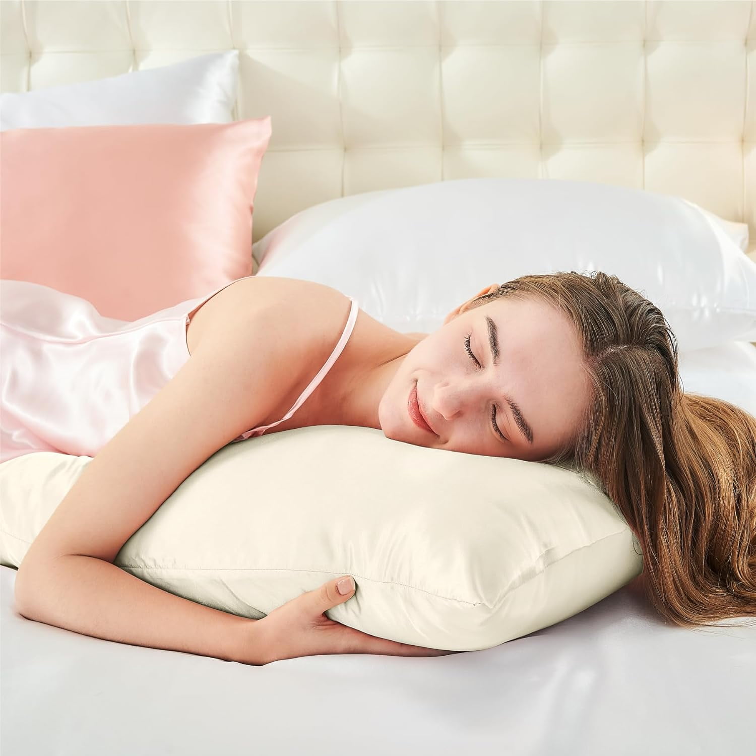 Satin Body Pillow Cover, Super Soft and Cooling Body Pillow Pillowcase for Hair and Skin, Breathable Silky Full Long Pillowcase Cover(20"x54", Beige)