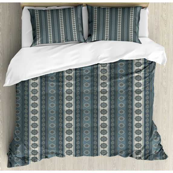 Mandala Duvet Cover Set Queen Size, Paisley and Round Motifs South Asian Symbols Ethnic Inspirations Native Culture, Decorative 3 Piece Bedding Set with 2 Pillow Shams, Grey Tan Beige, by Ambesonne