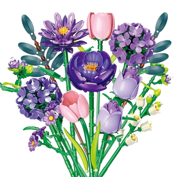 Honchoes Purple Artificial Flower Bouquet Building Set Compatible with Lego Flowers Home Decor for Adults 624 Pcs