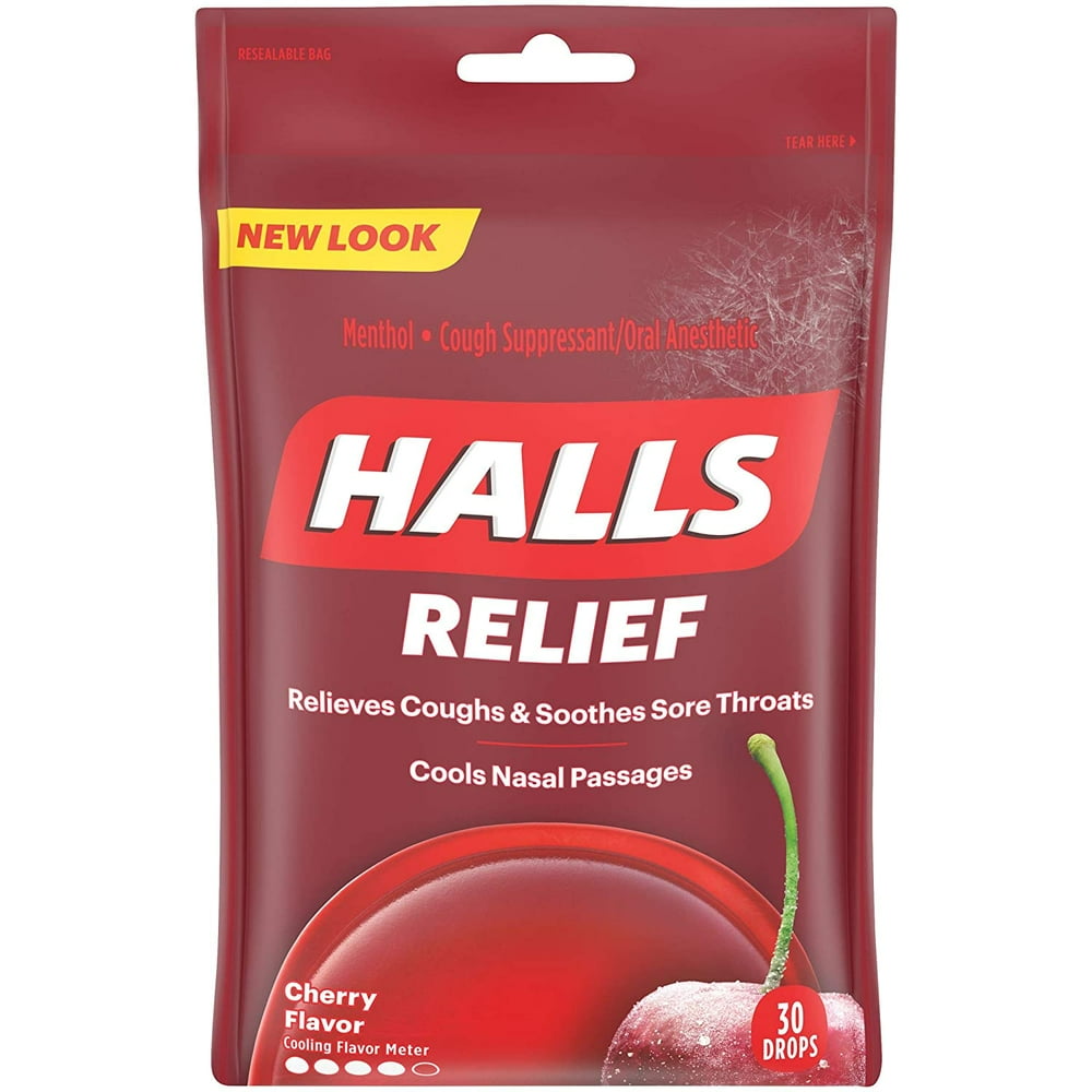 HALLS Relief Cherry Flavor Cough Drops, 1 Bag (30 Total Drops