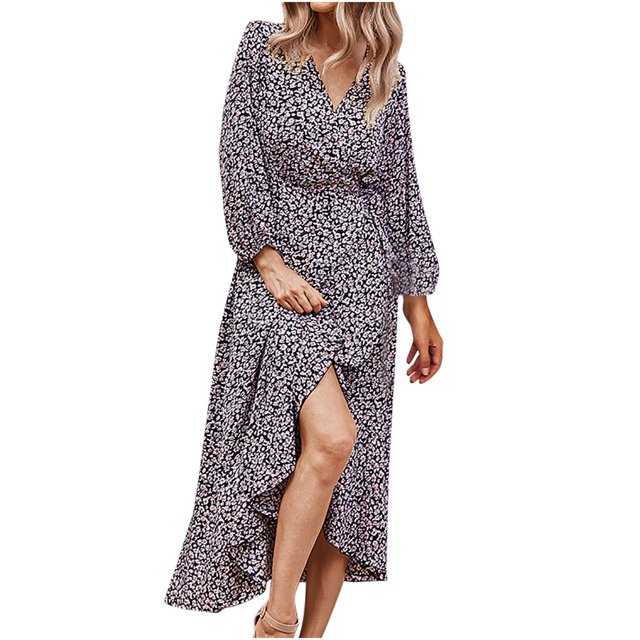 Vestido de manga larga con escote en V y vendaje en la espalda con estampado floral de primavera y otoño para mujer Fridja NMB4486