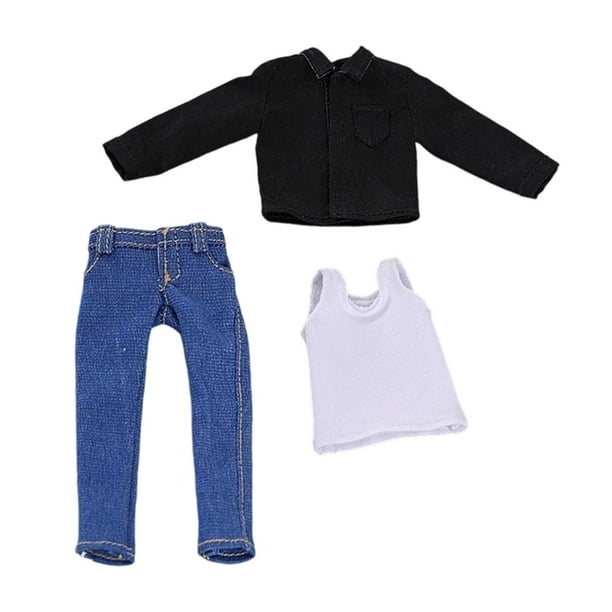 Ropa de muñeco en miniatura para hombre a escala 1/12: chaleco, camisa y vaqueros, a la moda. negro