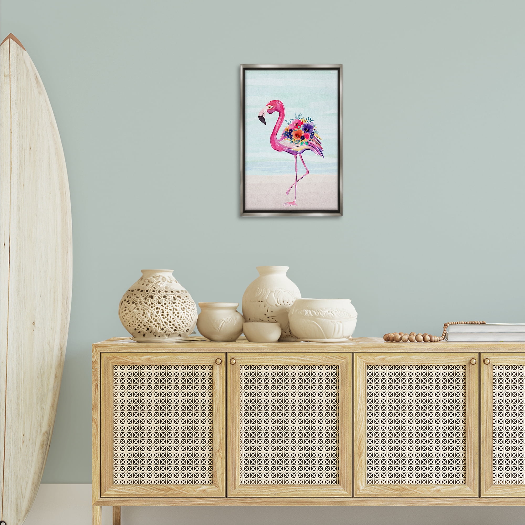 Stupell Industries Floral Flamingo Beach Plants & Flowers Painting Gray Floater Framed Canvas Art Print Wall Art, 17 x 25