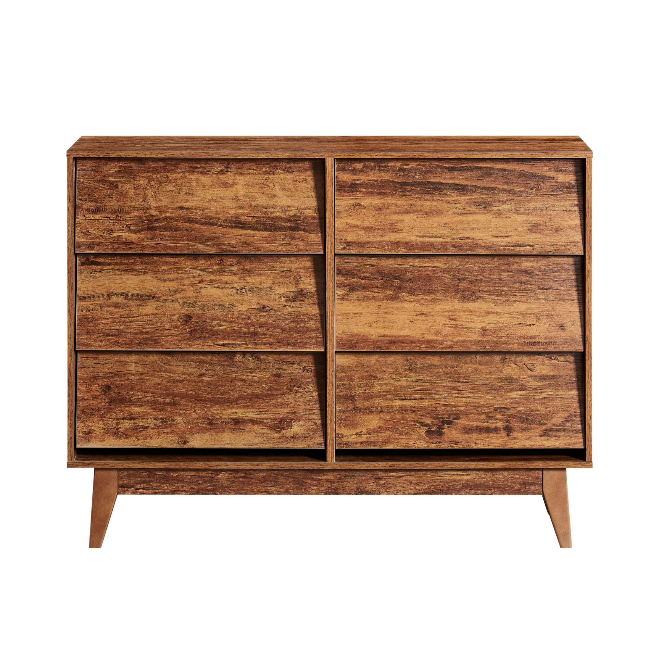 DEALTOPS Vintage Dresser with 6 Drawers in Bevel Design, Versatile Spacious Storage Cabinet, Antique Walnut