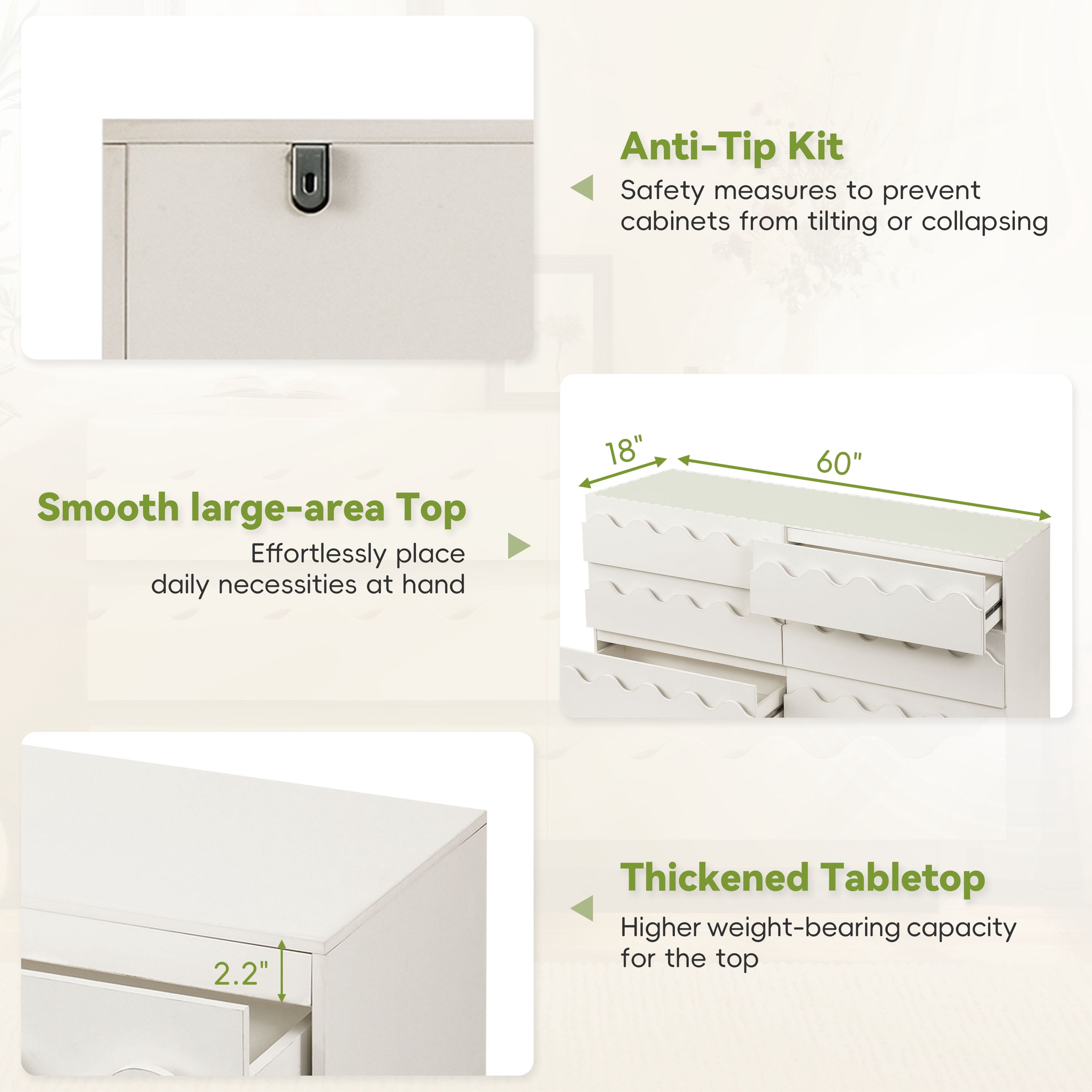 Alvantor 6 Drawer Dresser, 60" Wide Wooden Chest of Drawers, Fluted Dresser for Bedroom Ivory