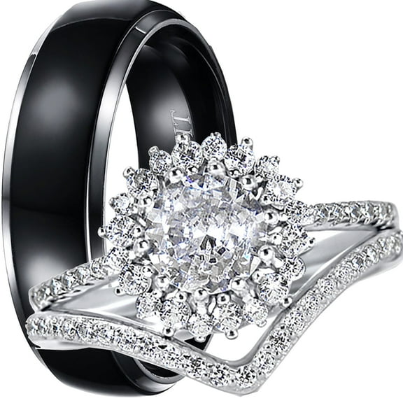 LaRaso & Co His Hers Wedding Ring Set TRIO 3 PCS Simulated Diamond Bridal Set Silver Titanium Women Men