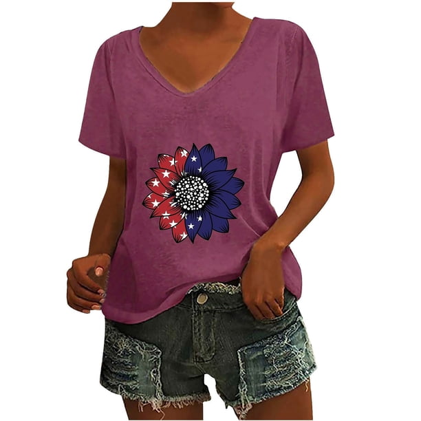Camisetas Casuales de las Mujeres Gradiente Día de la Independencia Impreso Cuello Redondo, Blusa de Manga Corta para Diario, Fiesta Y Primavera Verano