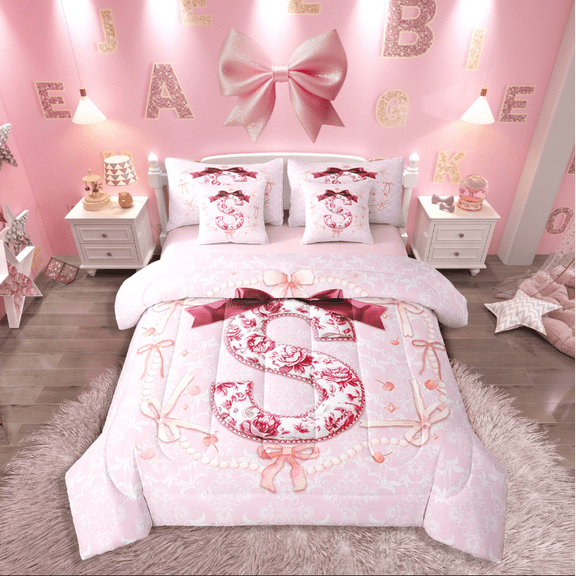 Castle Fairy Initial Monogrammed 7-Piece Twin Bedding Sets,Pink Bow Bedding Comforter Set,Floral Flower Breathable Sheet Sets,Super Cozy Alphabet Bedroom Decorative