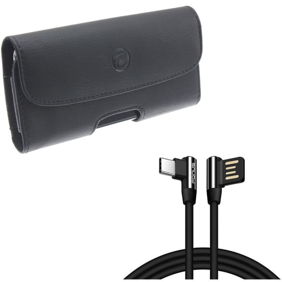 Black Horizontal Leather Case Side Cover Pouch w 90 Degree Right Angle L-Shaped 6ft Long USB Type-C Cable Wire Sync X1N for Blackberry Motion - BLU G9, Vivo XI Plus - Google Pixel 3a XL 3 XL