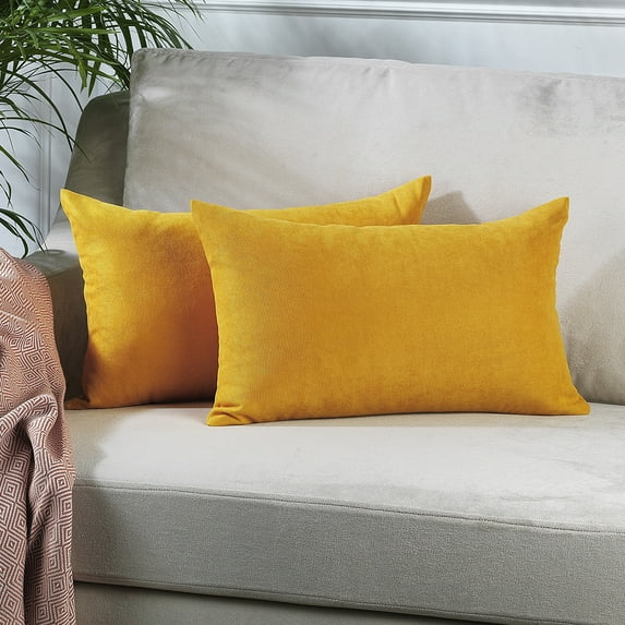 3S Brother's Solid Color Cushion Cover Velvet Look Home Décor Throw Pillow Case with Invisible Zipper Set of 2 Pieces for Chair Couch Bedroom & Livingroom Décor Pillowcase - M-Yellow 12"x20" Each