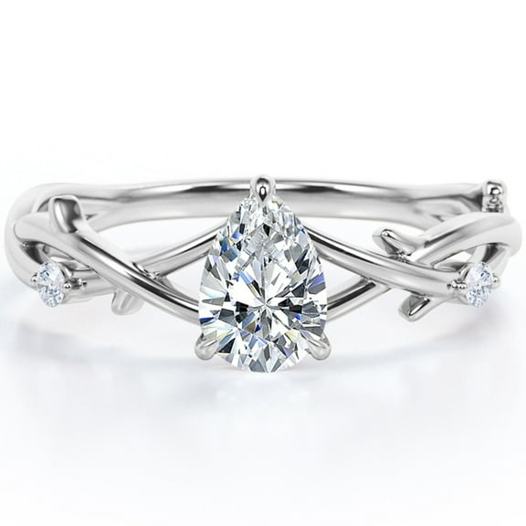 JeenMata Tree Branch Design Crossover 1 Carat Pear Cut Moissanite Flush Engagement Ring In 18K White Gold Plating Over Silver