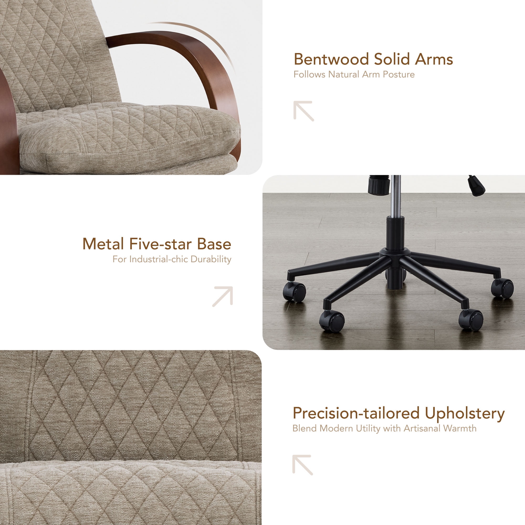 Spruce & Spring Modern Ergonomic Swivel Office Chair with Bentwood Arms, Upholstered High Back Desk Chair with Tilt Function and Durable Metal Base, Khaki