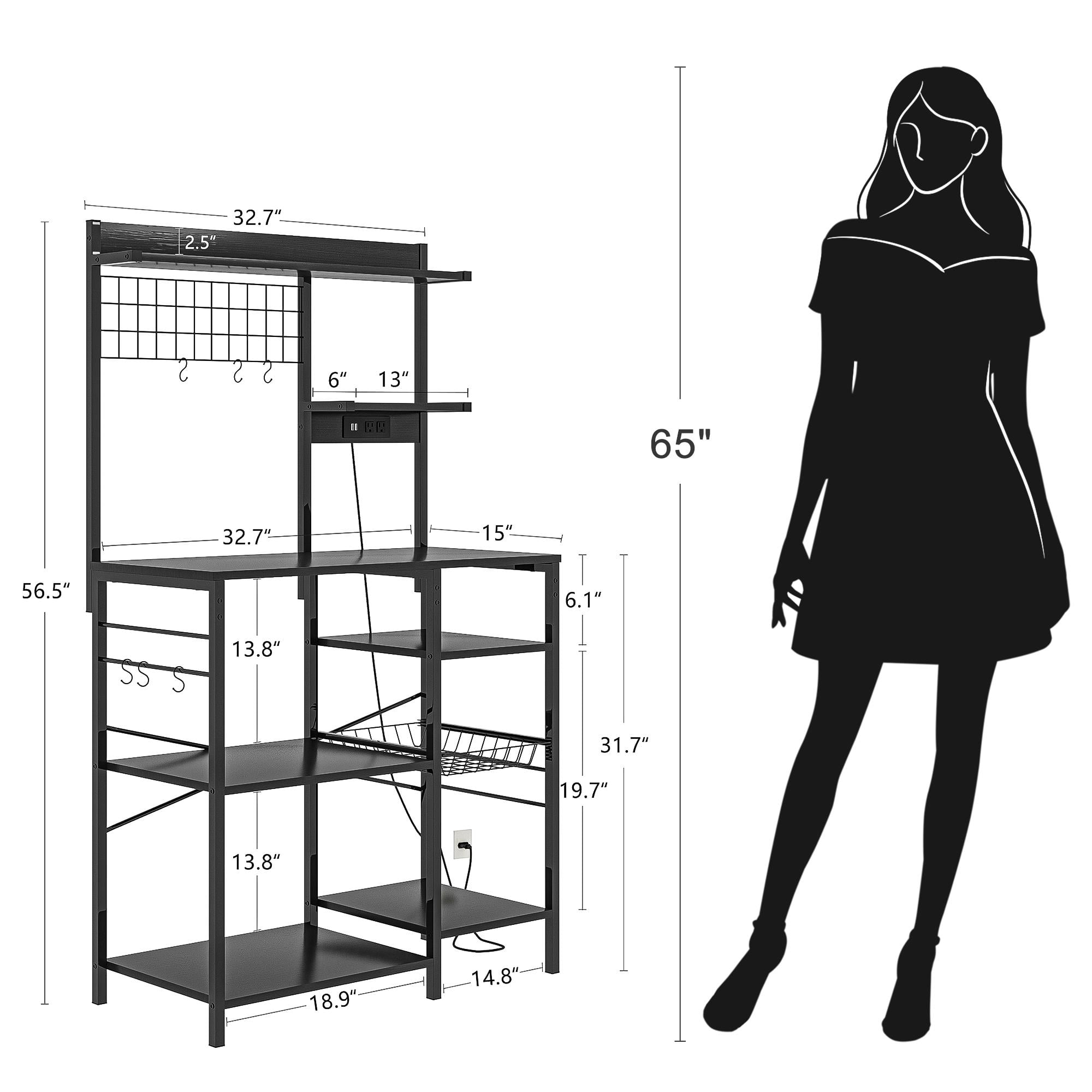 Finihen Large Bakers Rack with Power Outlets, 6-Tier Microwave Stand, Coffee Bar with 8 S-Shaped Hooks, Kitchen Shelf with Wire Basket, Black Finihen Large Bakers Rack with Power Outlets, 6-Tier Microwave Stand, Coffee Bar with 8 S-Shaped Hooks, Kitchen Shelf with Wire Basket, Black
