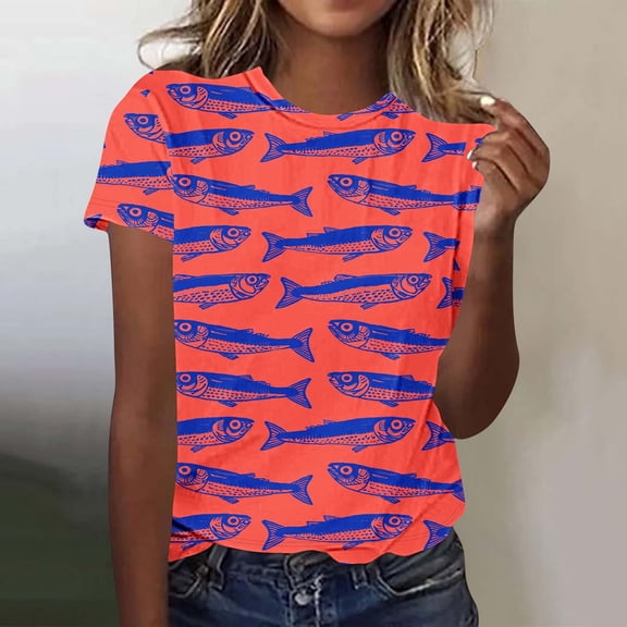 Sokhug Women's Fashion T-Shirts Funny Fish Graphic Crew Neck Tees Summer Casual Lightweight Breathable Athletic Tops
