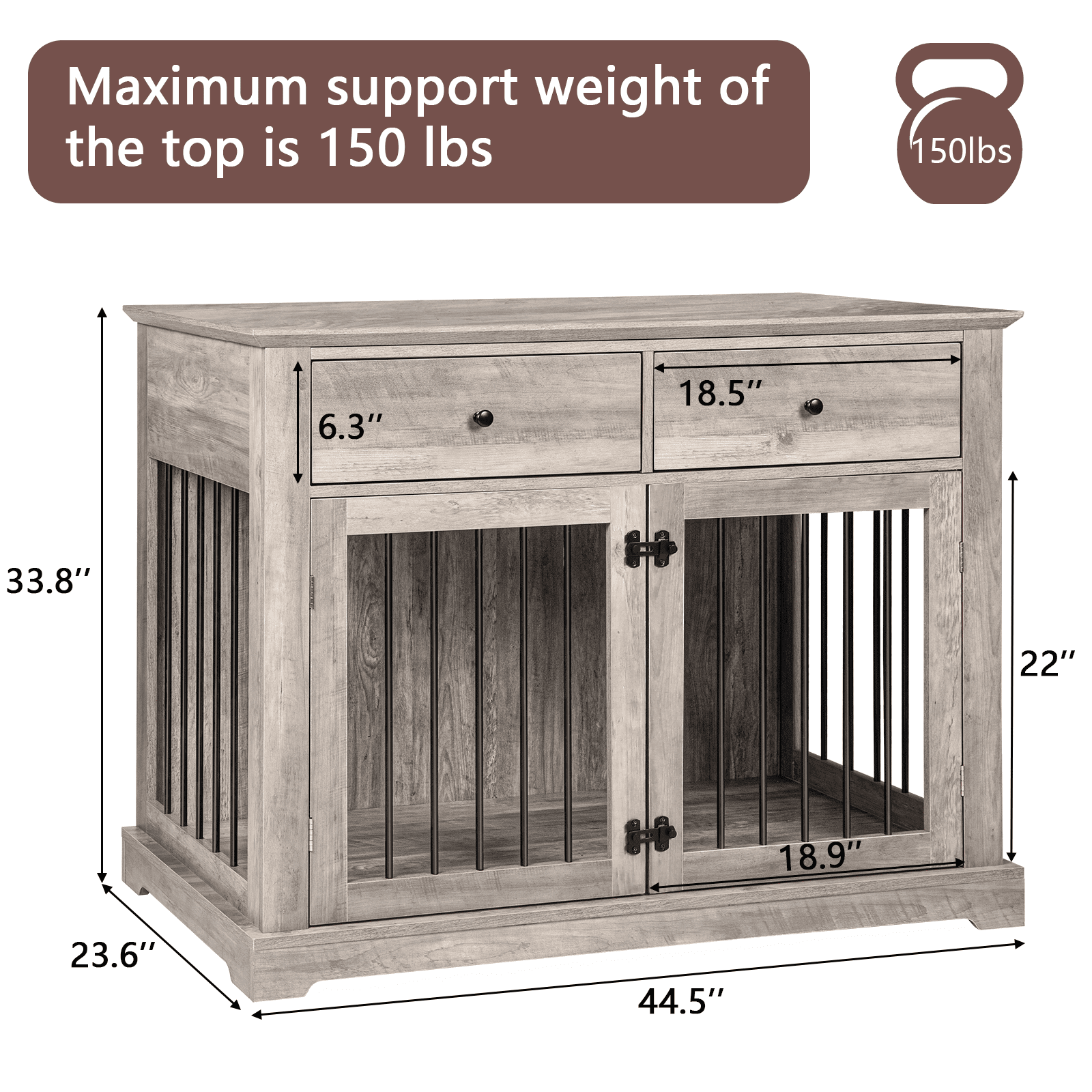 Waleaf 44" Large Dog Crate Kennel Furniture with 2 Storage Drawers for inside, Wooden Pet Cage for Medium Large Dogs