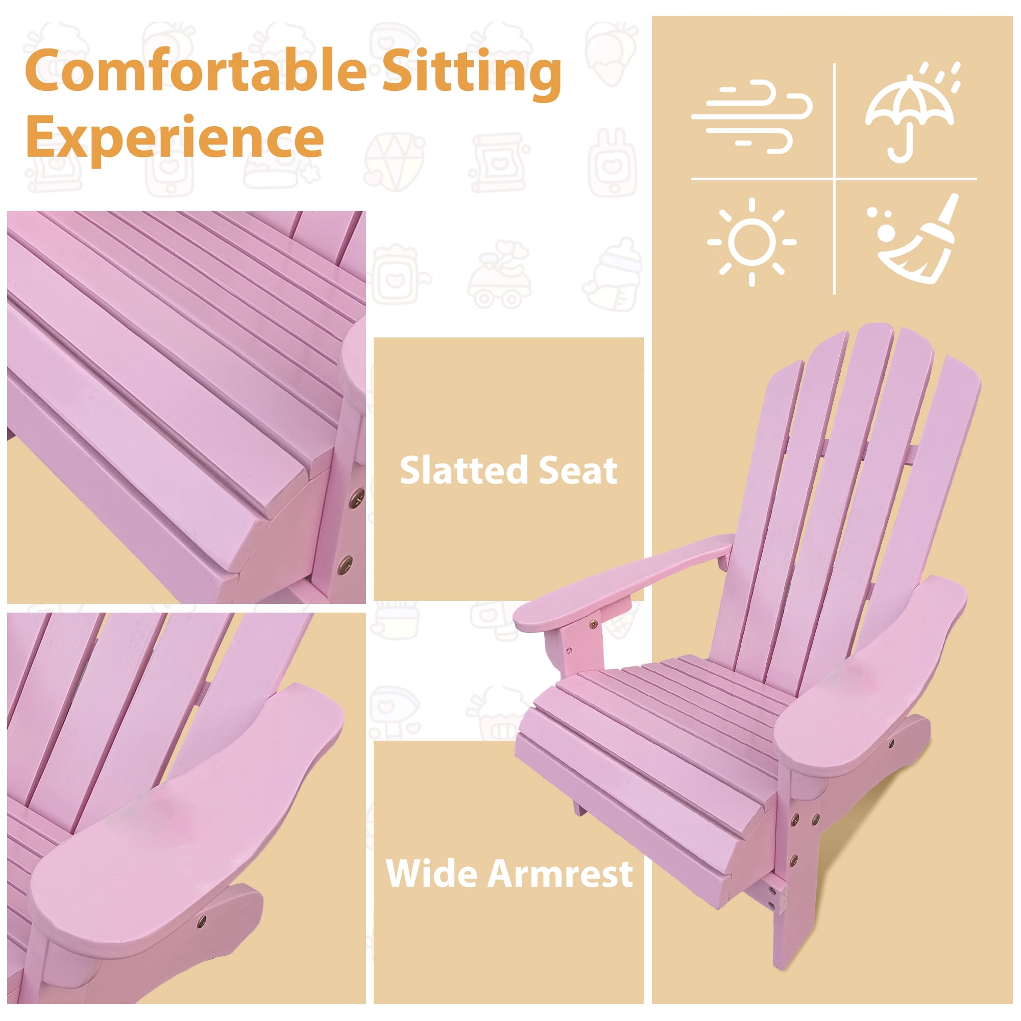 JONPONY Children Outsunny Wooden Adirondack Chair, Ergonomic Design Patio Lawn Chair for Outside Deck Garden Backyard Balcony,Pink