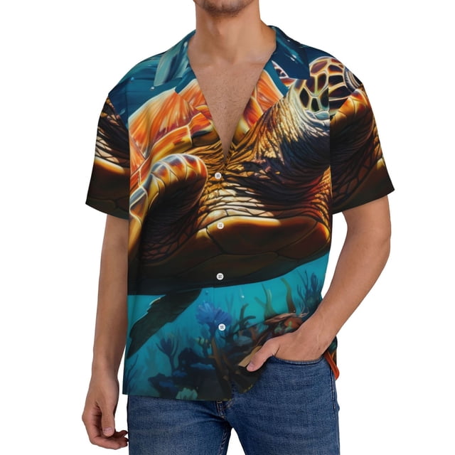 Balery Colorful Flower Sea Turtle Camisa Casual de Manga Corta con Botones para Hombre, Texturizada, Estilo Cubano, para Playa, Verano-Small