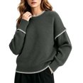 thumbnail image 2 of Tqcoqu Sweaters for Women Crewneck Long Sleeve Contrast Cable Knit Tops, Solid Loose Fit Casual Pullover Sweaters, Oversized Stitching Fall Clothes Outfits, 2 of 6