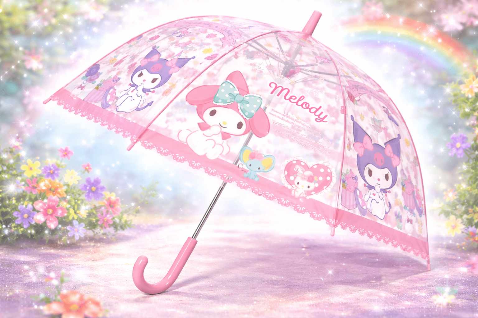 Sanrio My Melody & Kuromi Cute Fashionable Dome-Shaped Vinyl Stick Umbrella, Multicolor, 1