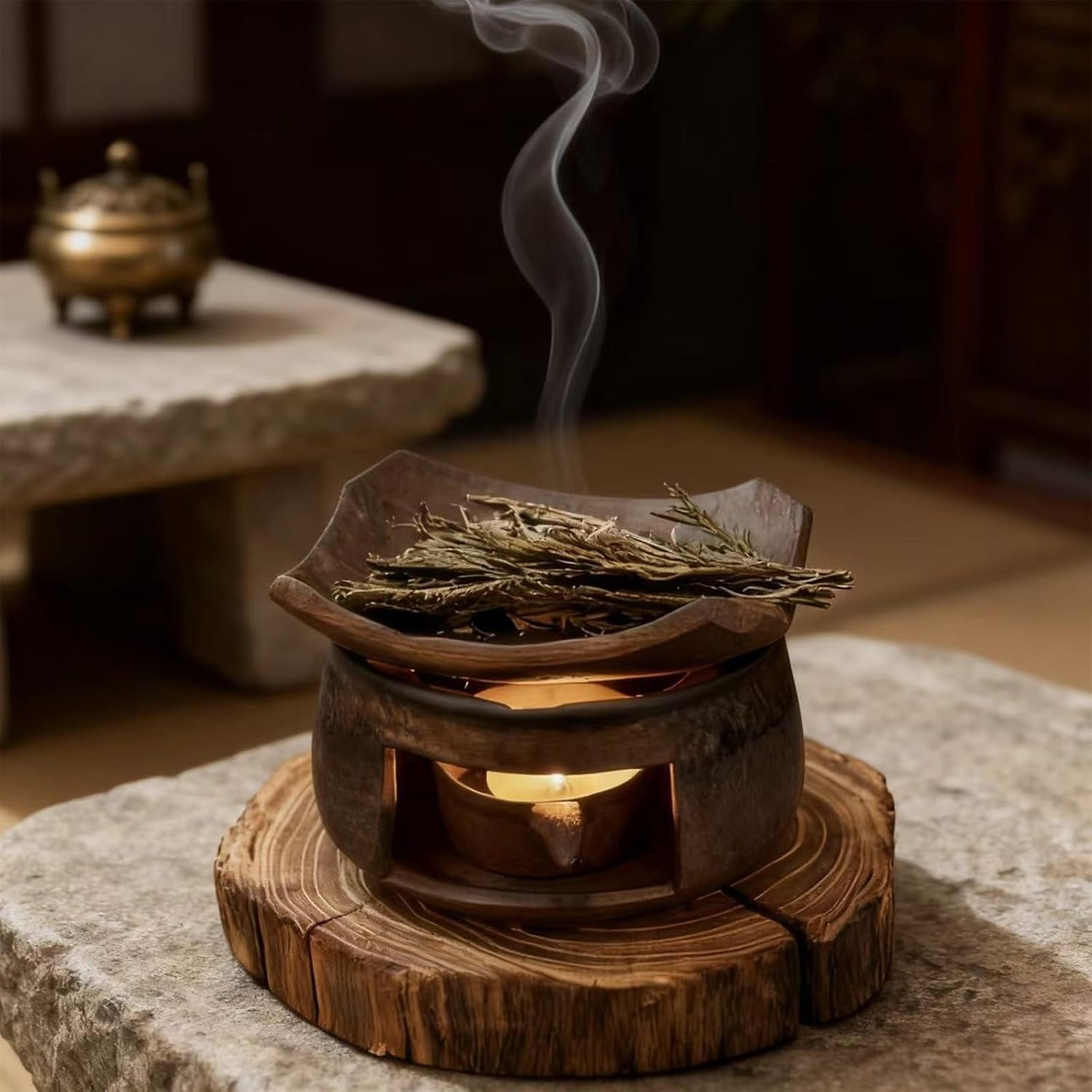 Ceramic Aromatherapy Stove Essential Oil, Cedar and Zen Aromatherapy Burner, Handmade Zen Incense Burner Kit, Tea Light Candle Holders Teapot Warmer for Home Office Meditation Relaxation(2 Set)