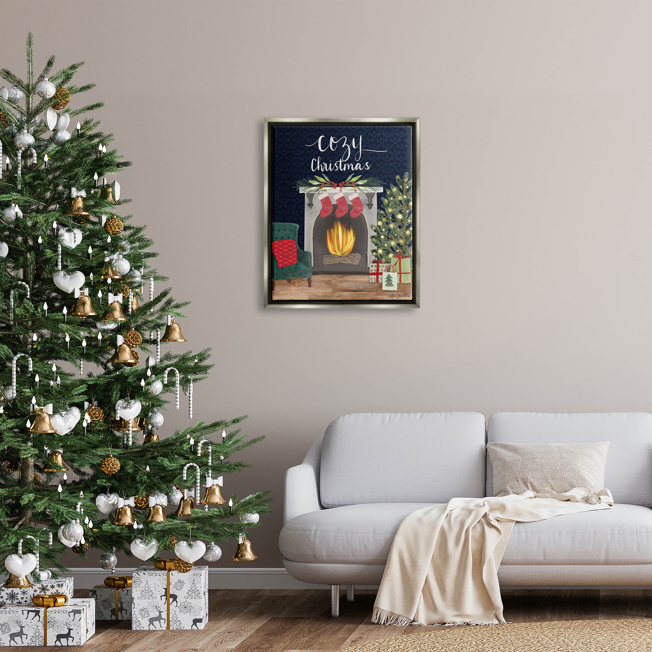 Stupell Industries Cozy Christmas Fireplace Mantle Graphic Art Luster Gray Floating Framed Canvas Print Wall Art, Design by Katie Doucette