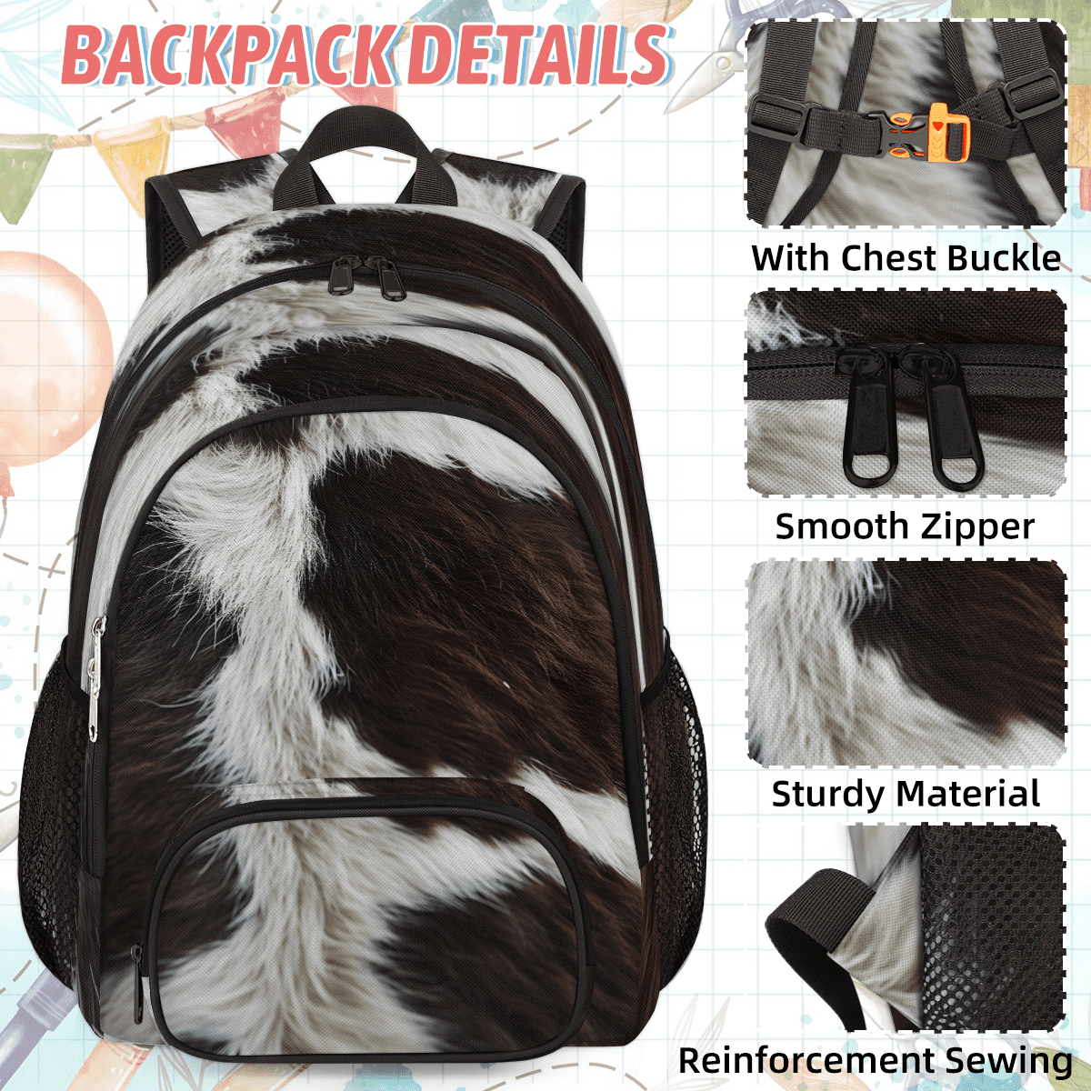 Herdesigns Cow Print Western Animals Large Backpack Set with Lunch Box Lightweight Water Resistant Travel Laptop Backpacks Casual Daypacks for Women Men