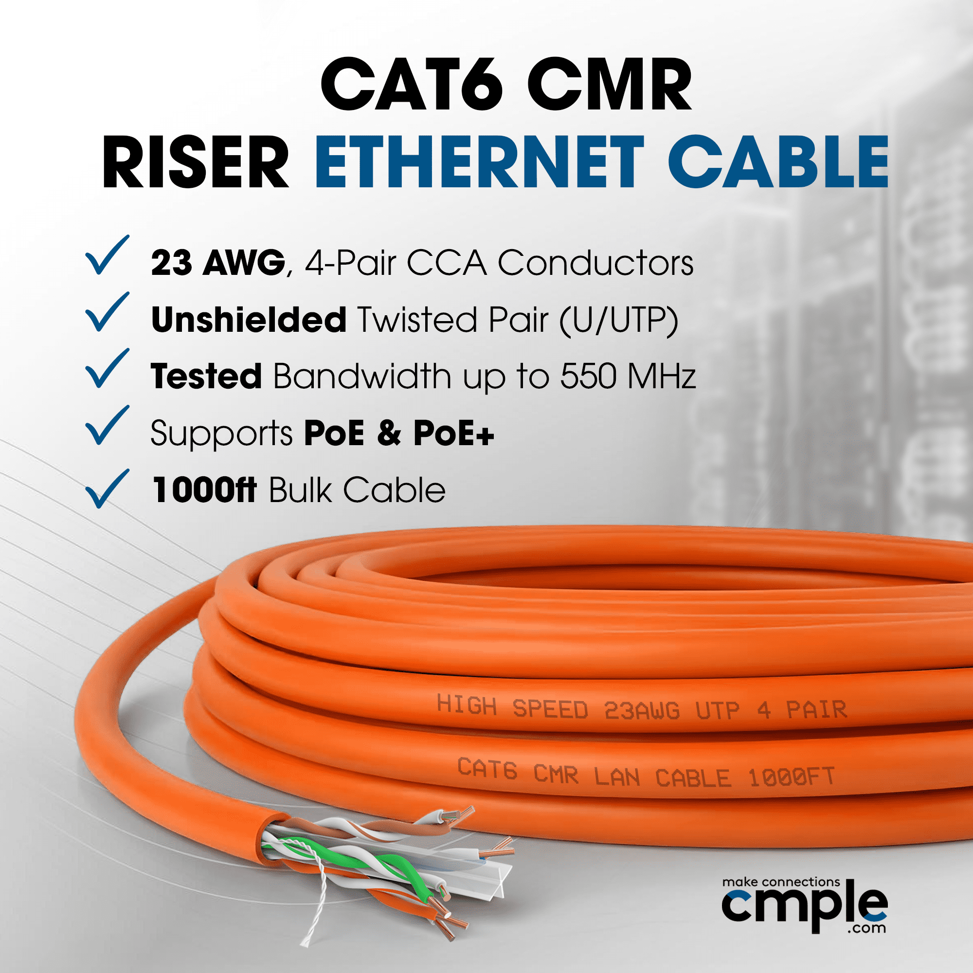 Cmple - Cat6 Cable 1000ft Bulk Lan Ethernet Cat 6 Wire Network UTP 23AWG CMR Riser 10Gbps 550 MHz Pull Box 1000 Feet, Orange