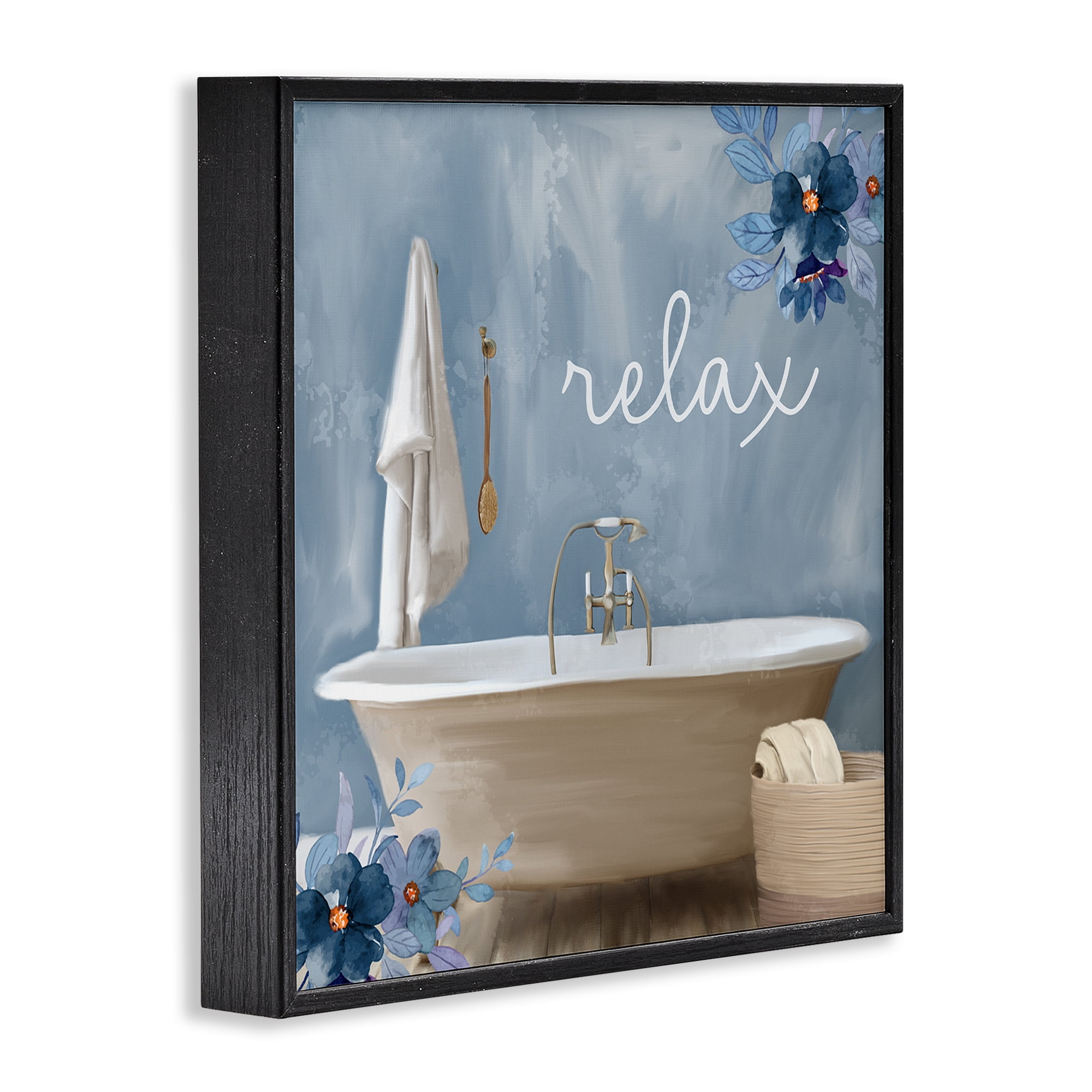 Blue Floral Relax Bathroom Scene Black Framed Giclee Art, 24 x 24