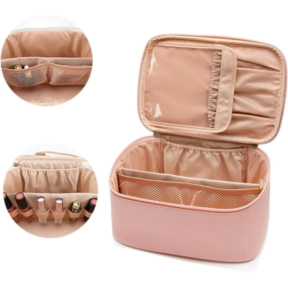 Travel Makeup Bag, Large Travel Cosmetic Bag, Makeup Brushes Holder Case Organizer Waterproof Cosmetics Makeup Bag Train Toiletry Bag(Pink)