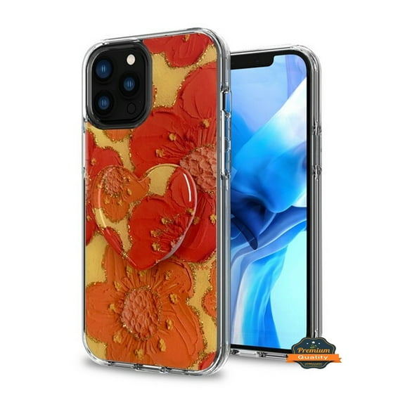 For Apple iPhone 13 Pro Max (6.7") Pattern Design Bling Glitter Hybrid Ring Stand Pop Up Finger Holder Kickstand Phone Case Cover by Xpression [Red Orange Floral]