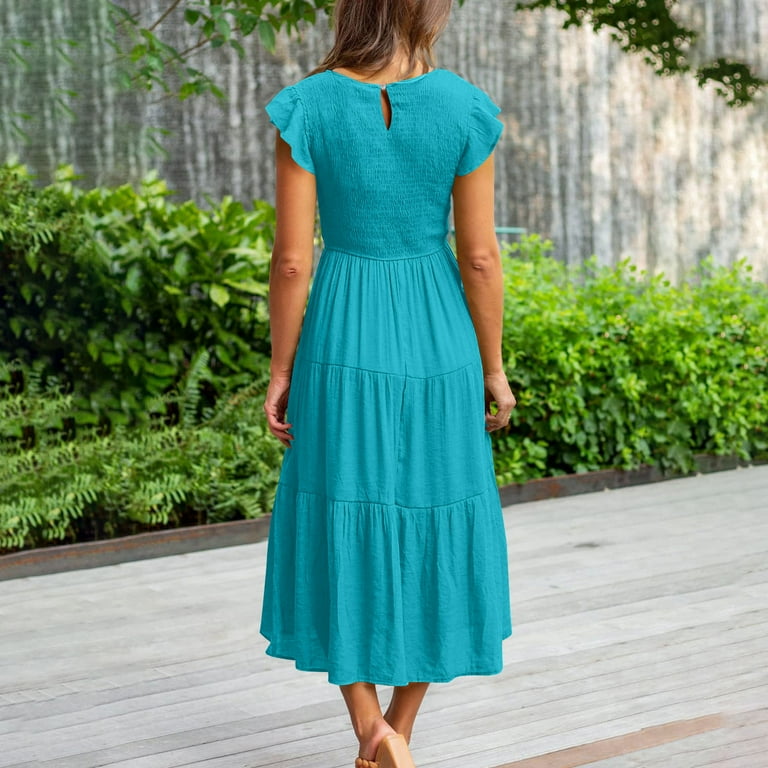 Dailytrove Women's Short Sleeve Fit-Flare Maxi Dress, Belted Waist, Summer Casual & Formal Wear, Feminine Fit, Size: DT-XL