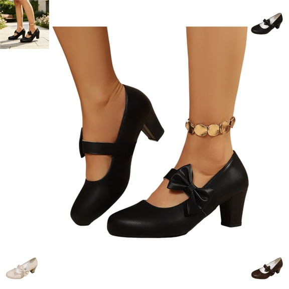 YOUYEDIAN Mary Jane Shoes Women Fashion Mid Block Heel Bowtie Deco Versatile Pointed Toe Comfy Shoes Casual Outdoor Slip On Walking Dress Shoes