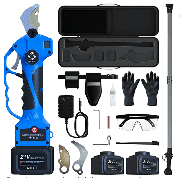 IMAW Tijeras de podar eléctricas de 21 V, paquete de 2 cuchillas de acero al carbono SK5, 2 baterías de litio recargables, USB, pantalla LCD inteligente, kit de herramientas incluido MAZOR Tijeras de podar eléctricas de 21 V