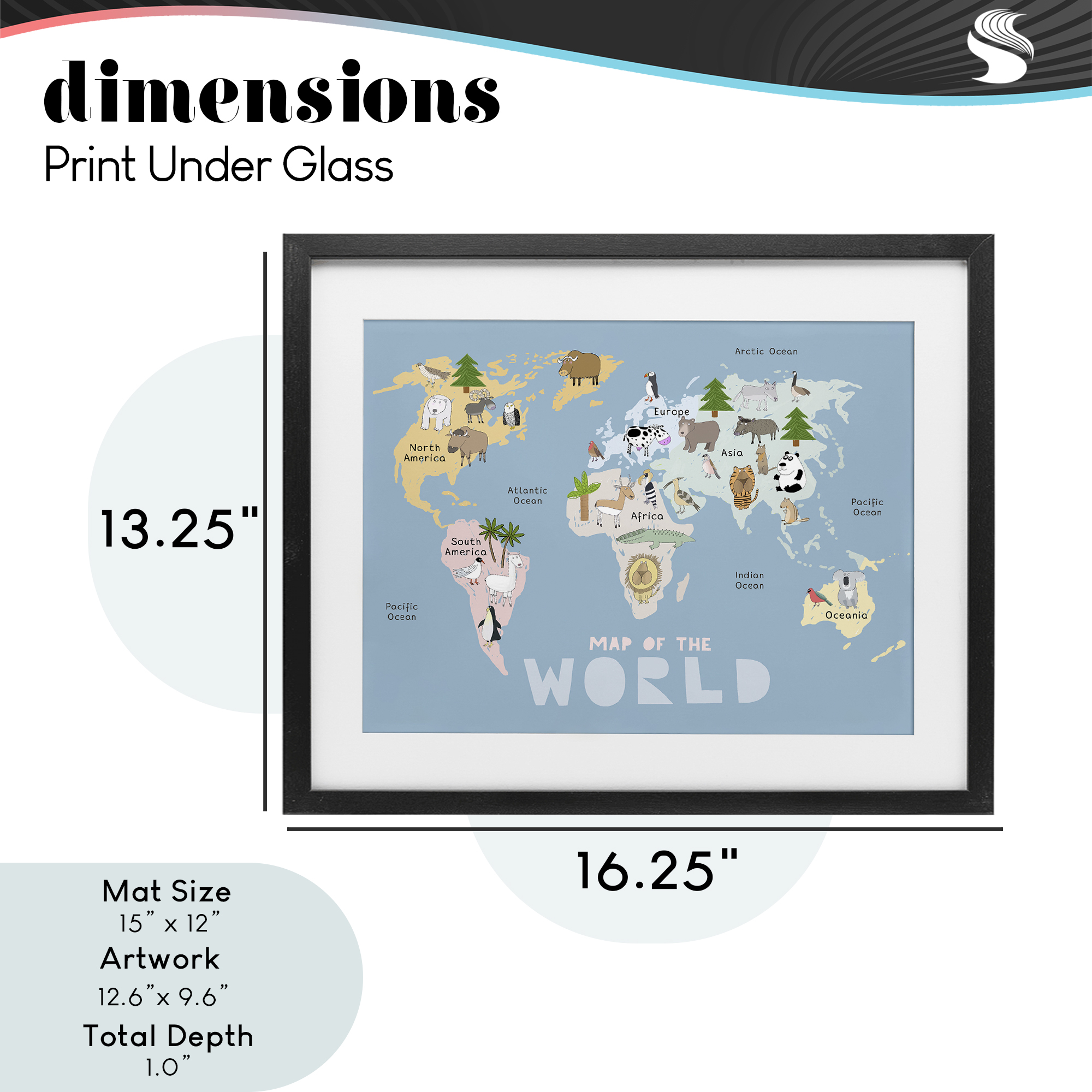 Kid's Map Of World Blue Black Framed Print Under Glass, design by Carla Daly
