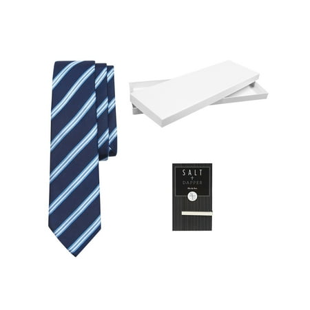 Blue Geometric Woven Silk Tie - Salt & Dapper Men's Woven Silk Luxury Tie With Tie Bar & Giftbox - Navy Stripe