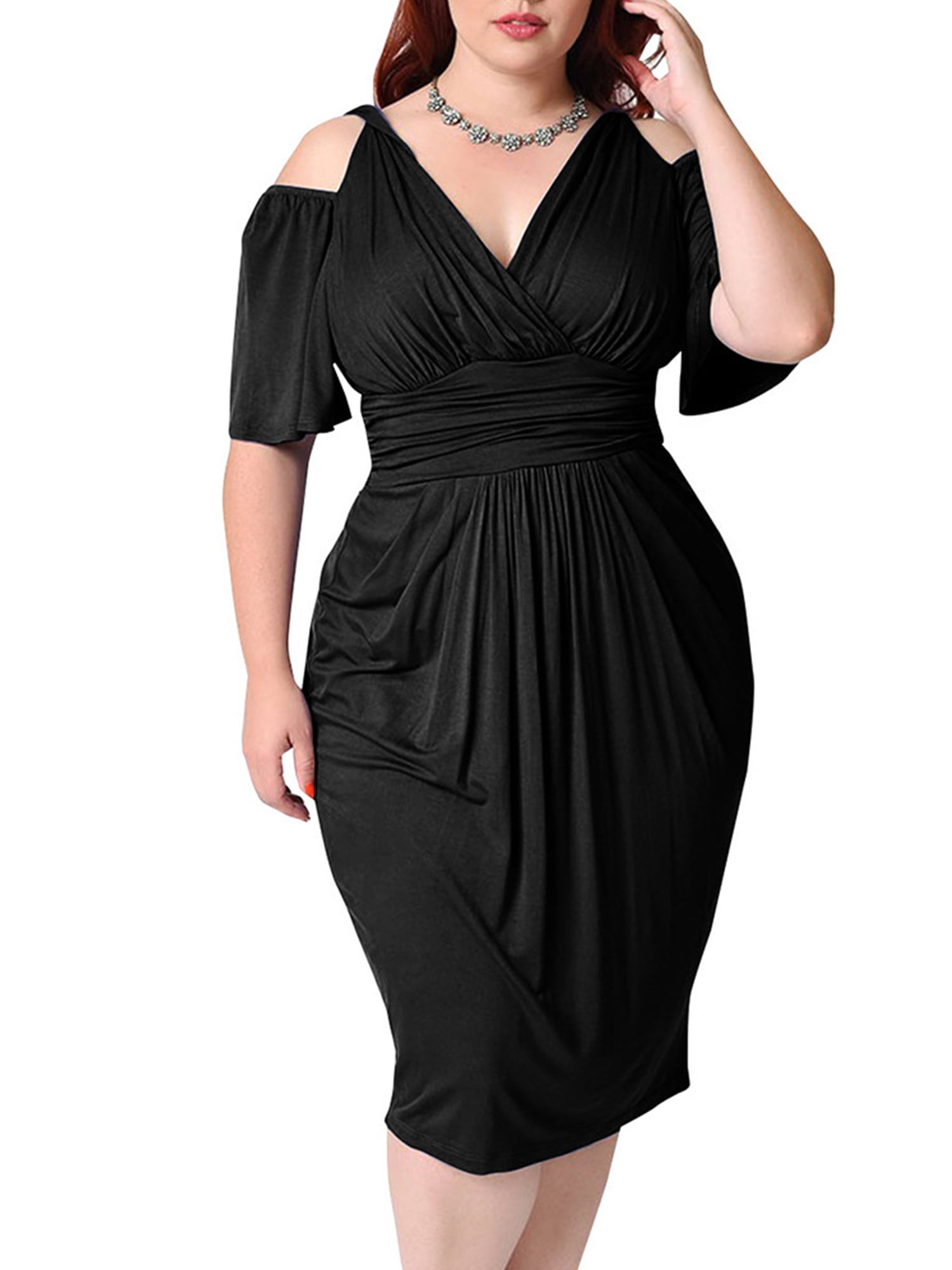 Ulanda Womens Plus Size Solid Short Sleeve Wrap V Neck Casual Bodycon Mini Dress Summer Dress 