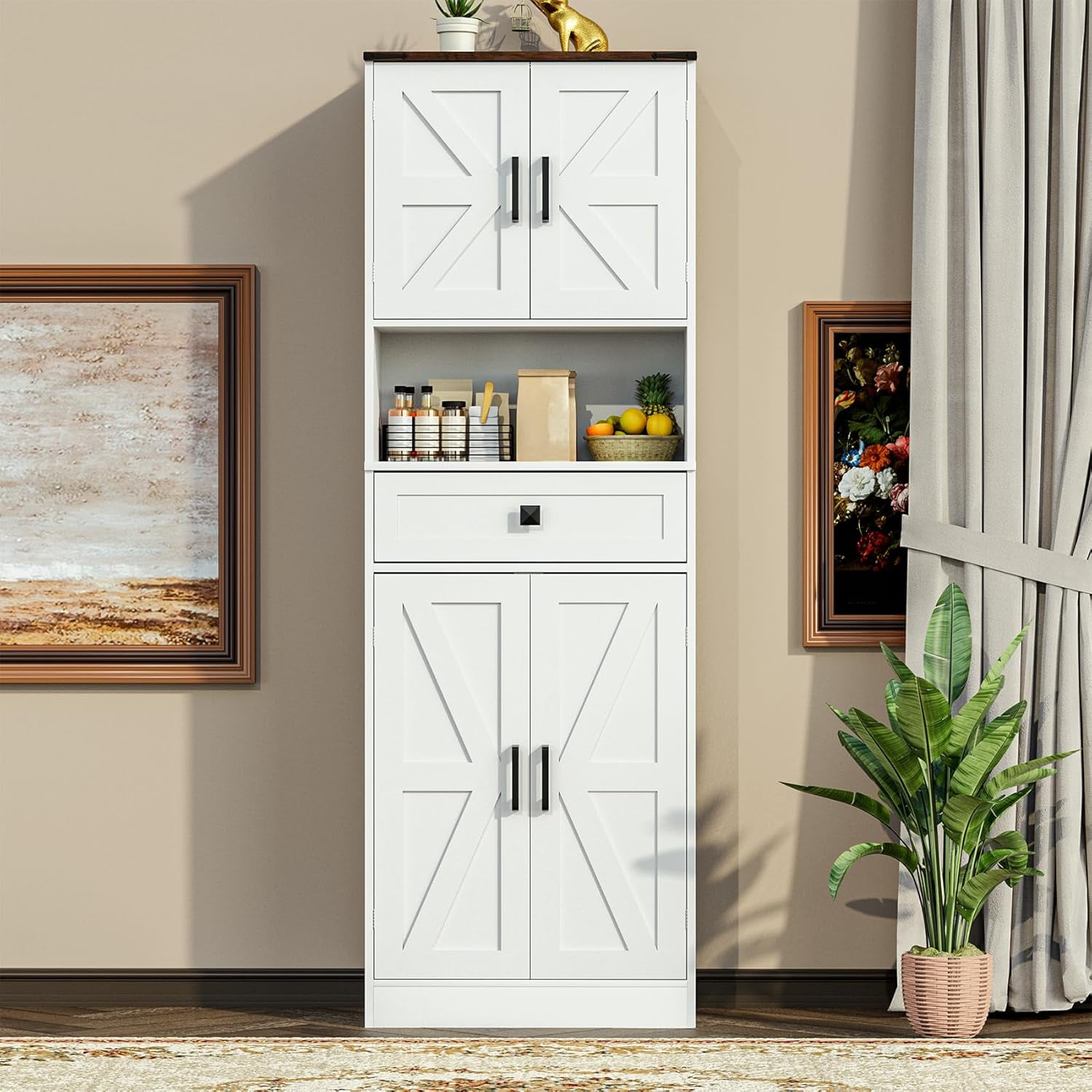 Winkalon 67" Kitchen Pantry Storage Cabinet with 4 Barn Doors & 2 Adjustable Shelves & 1 Drawer for Dining Room, Living Room,White