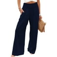 thumbnail image 3 of Qmyliery Summer Women Loose Long Trousers, Ladies Leisure Style Solid Color High Waist Ruched Beach Wide Leg Pants with Pocket, 3 of 5