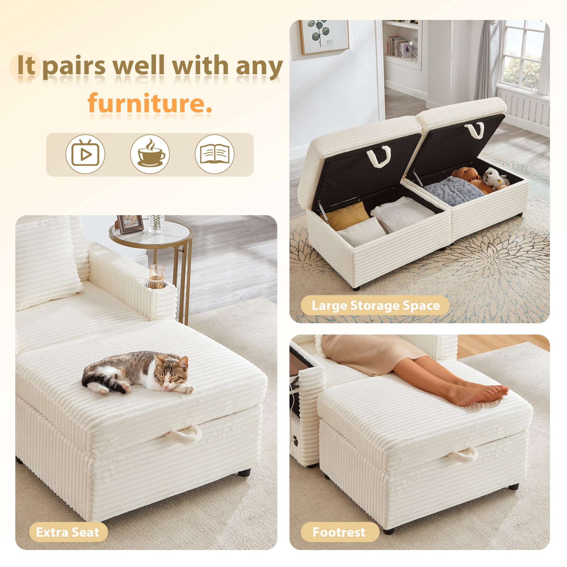68" Double Chaise Lounges Indoor, Chenille Upholstered Loveseat Sofa Bed with Charging Station, Hidden Table Armrests and Storage Ottomans for Living Room, White