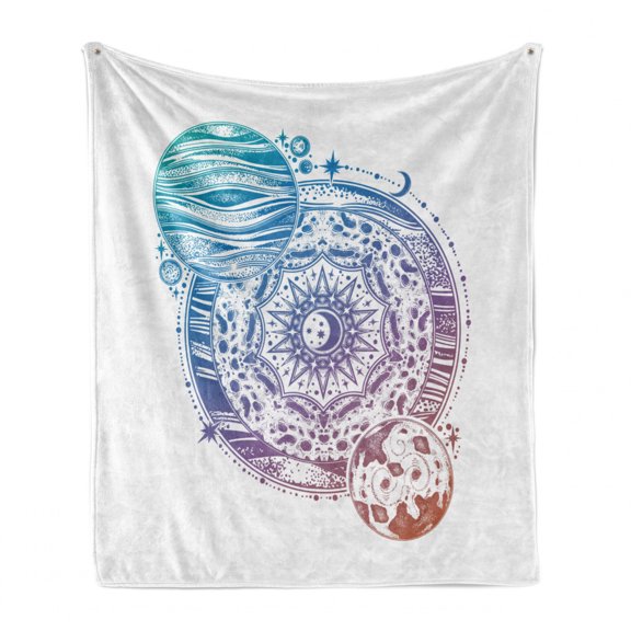 Galaxy Mandala Soft Flannel Fleece Blanket, Ombre Planet Composition with the Surface Pattern of the Moon and a Planet, Cozy Plush for Indoor and Outdoor Use, 70" x 90", Multicolor, by Ambesonne