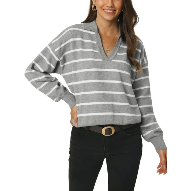 INSPIRE CHIC Chandail Rayé d'Automne et d'Hiver pour Femmes, Polo à Col en V, Manches Longues, Tricoté, Décontracté, m Gris