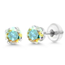 Gem Stone King 1.10 Cttw Round 5MM Mercury Mist Mystic Topaz 14K White Gold Stud Earrings for Women