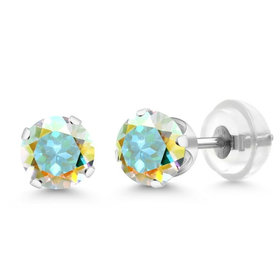 Gem Stone King 1.10 Cttw Round 5MM Mercury Mist Mystic Topaz 14K White Gold Stud Earrings for Women