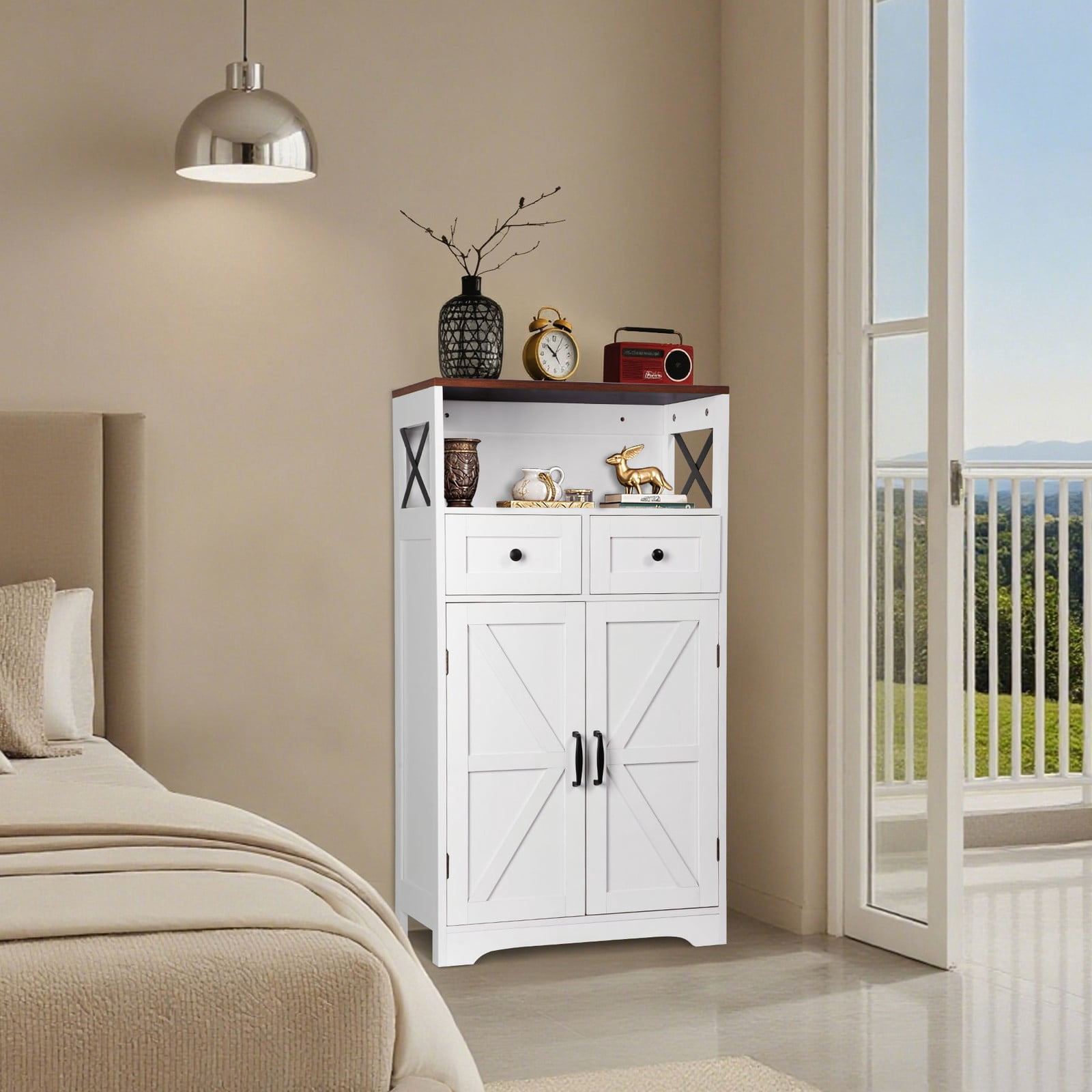 WDZS Farmhouse White Storage Cabinet with Doors and Drawers, Freestanding Kitchen Pantry Cabinet, Floor Storage Cabinet Hutch Cupboard for Kitchen/Laundry/Living Room/Bedroom
