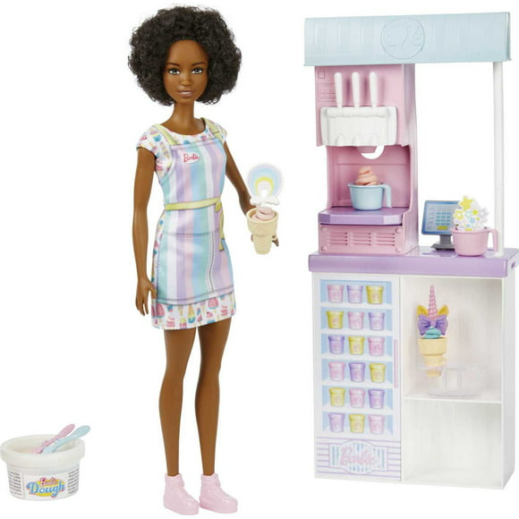 Barbie Ice Cream Shop Playset with Brunette Doll, Ice Cream Machine, Molds, Dough & Accessories