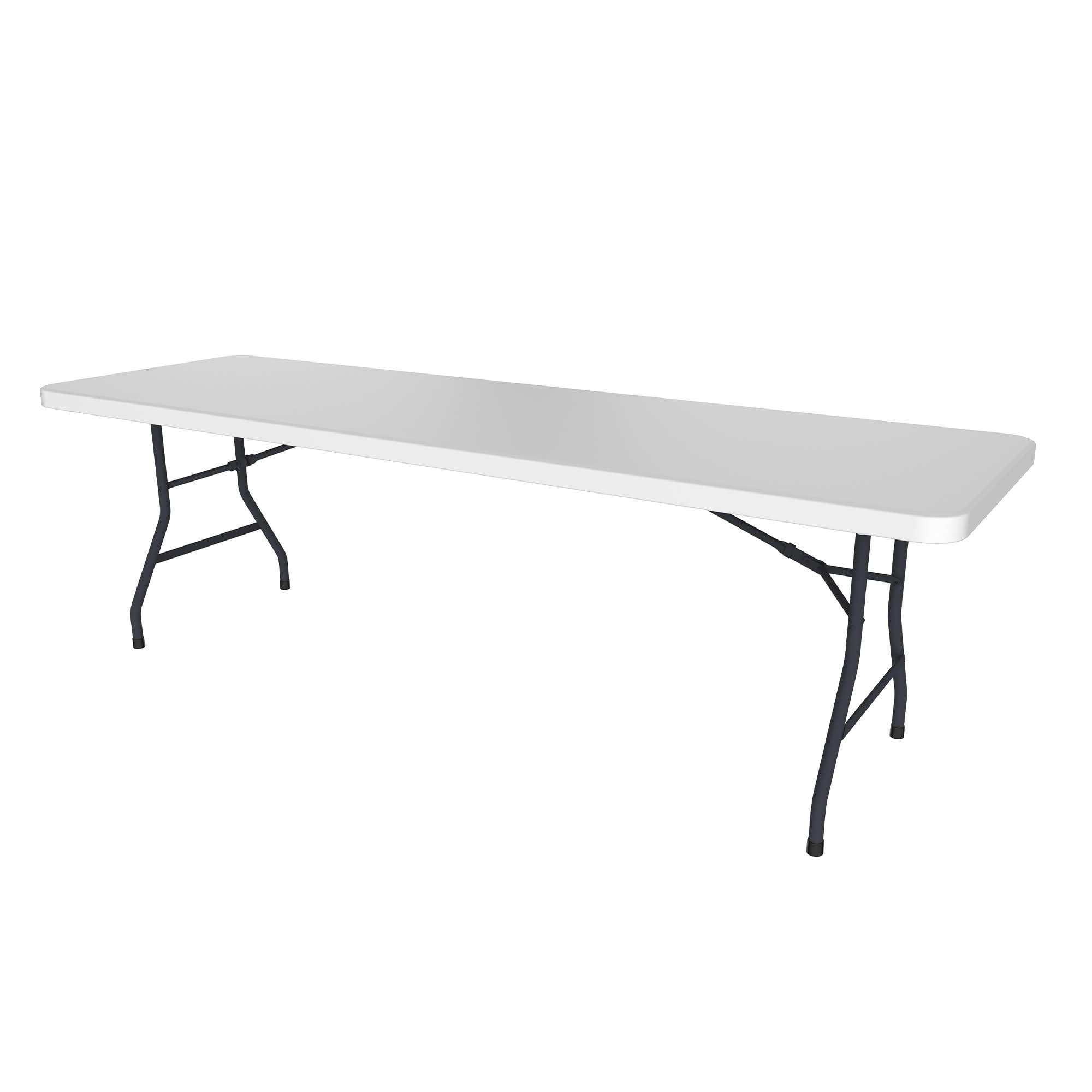 MAYEERTY 8FT White HDPE Non-Fold Top Folding Leg Table, Powder Coated Steel Frame UV Water Resistant Indoor Outdoor Table